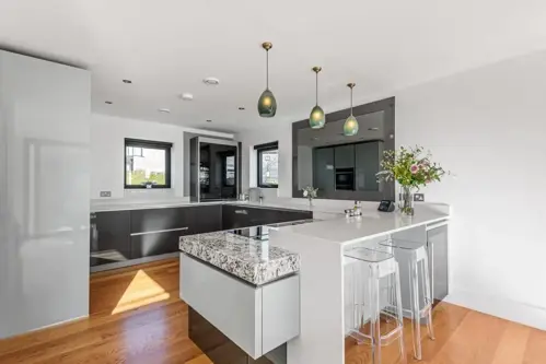 Interior Silverlake kitchen picture with white and grey surfaces and cupboards