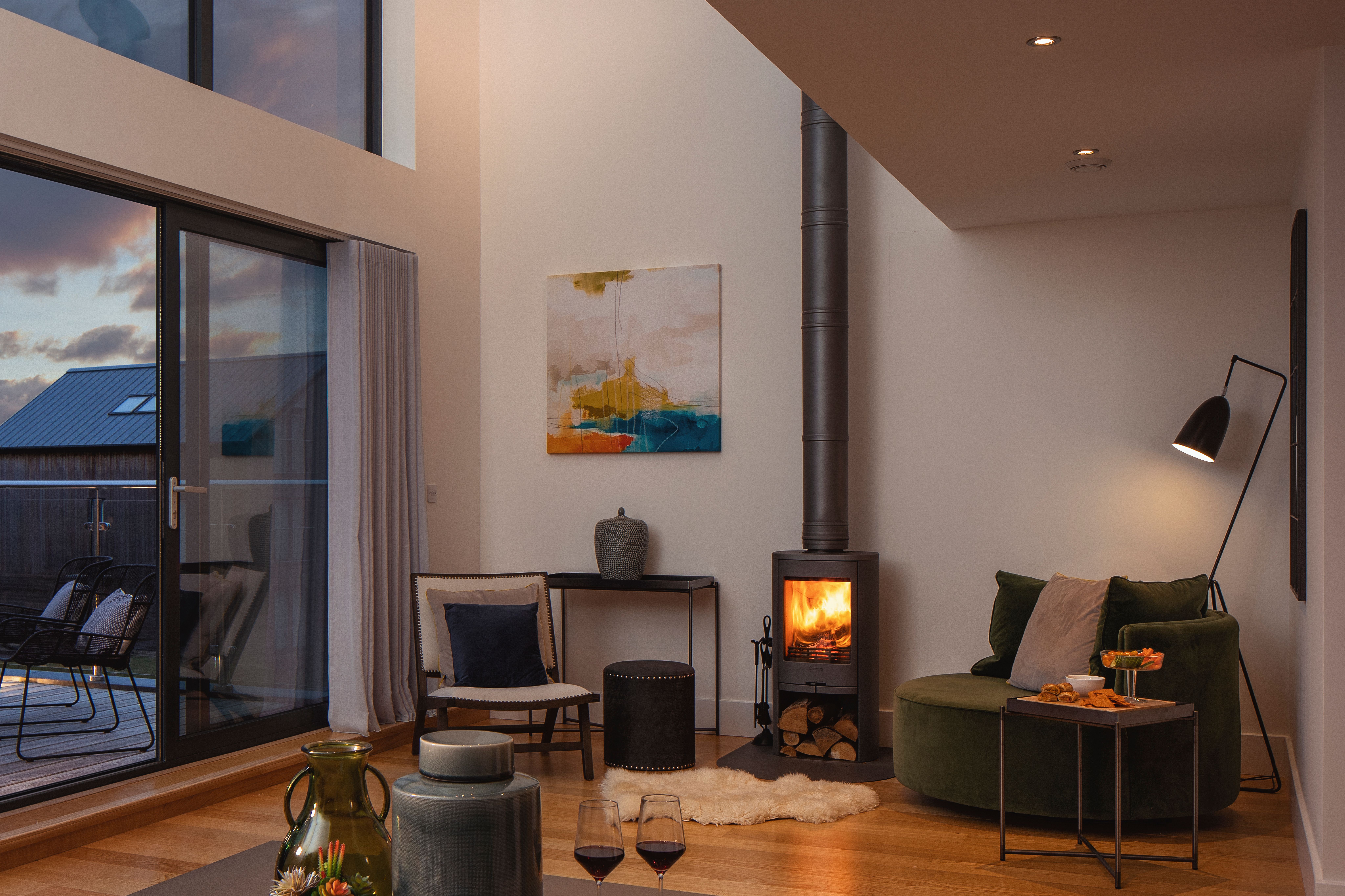 Luxury room with a log burner